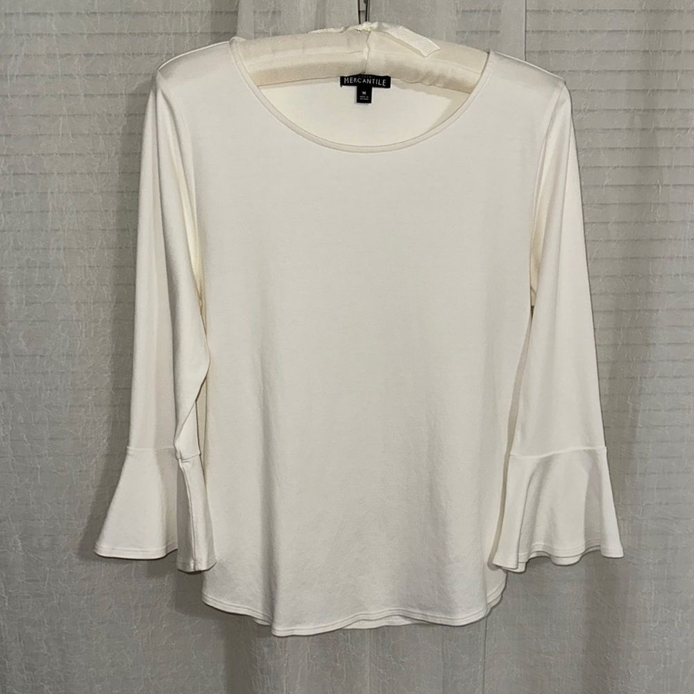 J.Crew M White Cotton Round Neck Quarter Bell Flare Sleeve Top